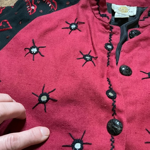 Sandy Starkman Jacket Womens Size Large Cotton Linen Red Embroidered Flashy - Picture 8 of 12